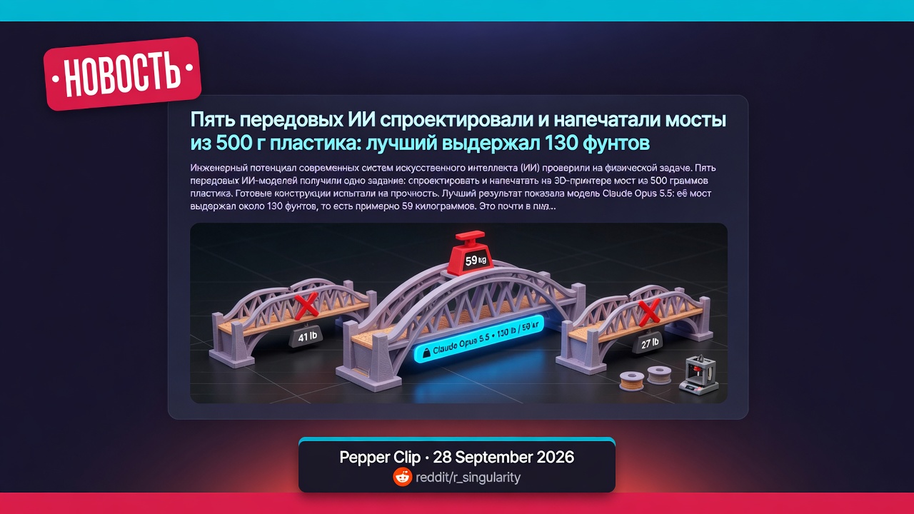 Пять передовых ИИ спроектировали и напечатали мосты из 500 г пластика: лучший выдержал 130 фунтов